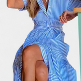 Elegante vestido camisero largo de rayas con cinturón para un look sofisticado