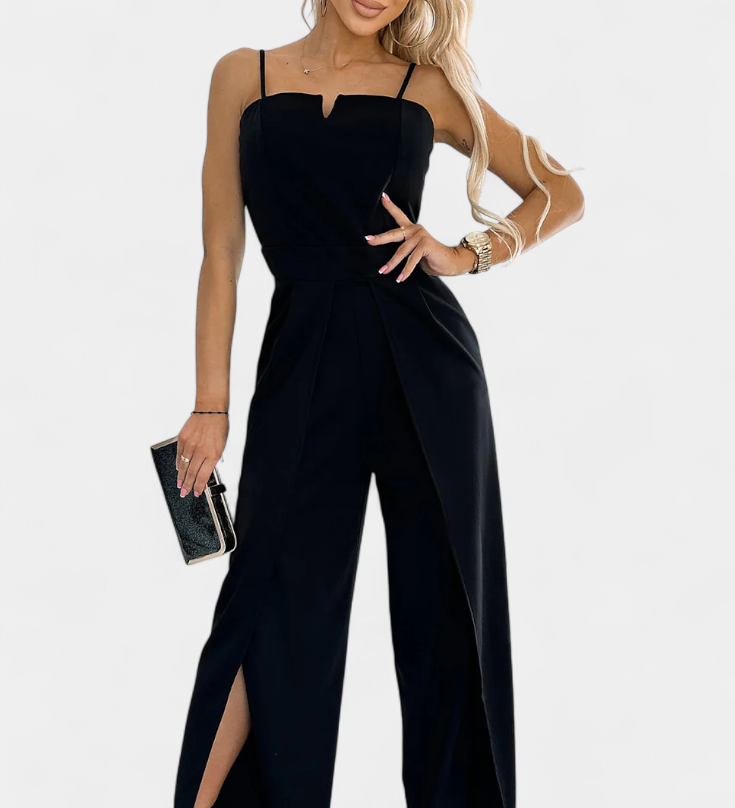 Vestido Prescillia Mono con Tirantes de Espagueti y Pernera con Abertura Elegante y Sofisticado