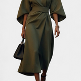 Vestido Midi Micaela con Mangas Lantern y Cintura Ceñida para un Estilo Elegante y Sofisticado