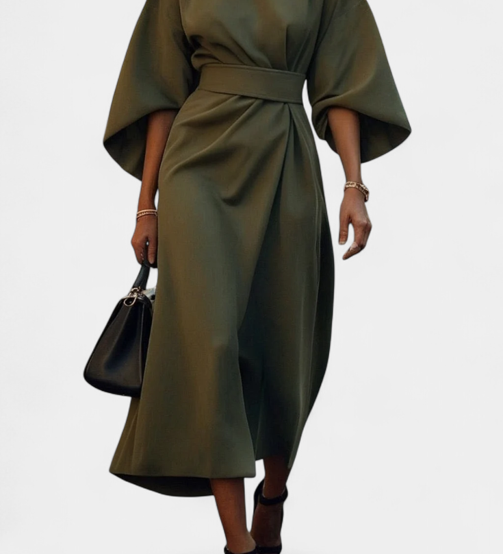 Vestido Midi Micaela con Mangas Lantern y Cintura Ceñida para un Estilo Elegante y Sofisticado