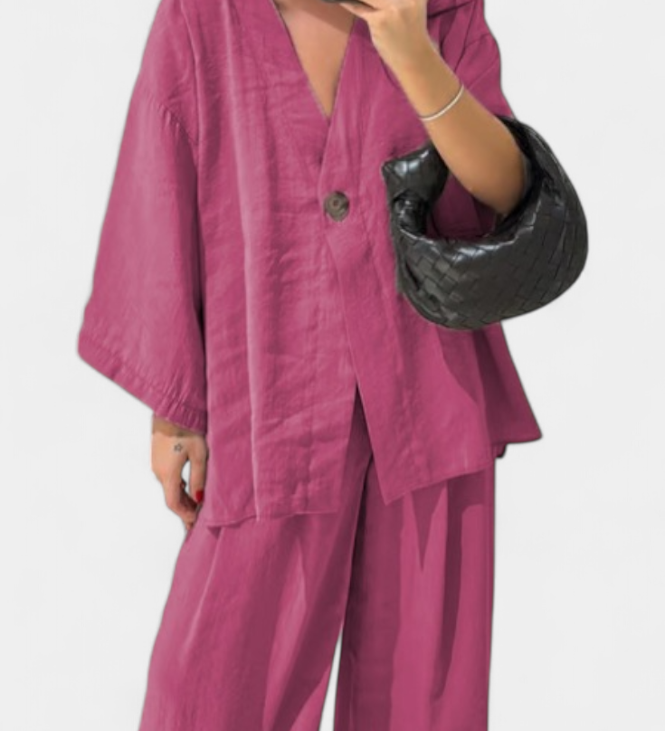 Eli Conjunto Oversize Moderno con Top de Cuello en V y Pantalón Recto para un Estilo Casual y Elegante