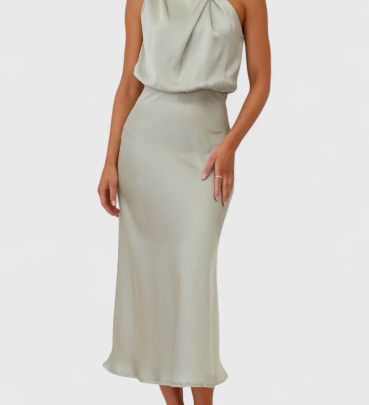 Vestido elegante Rina con cuello halter y detalles drapeados para ocasiones especiales
