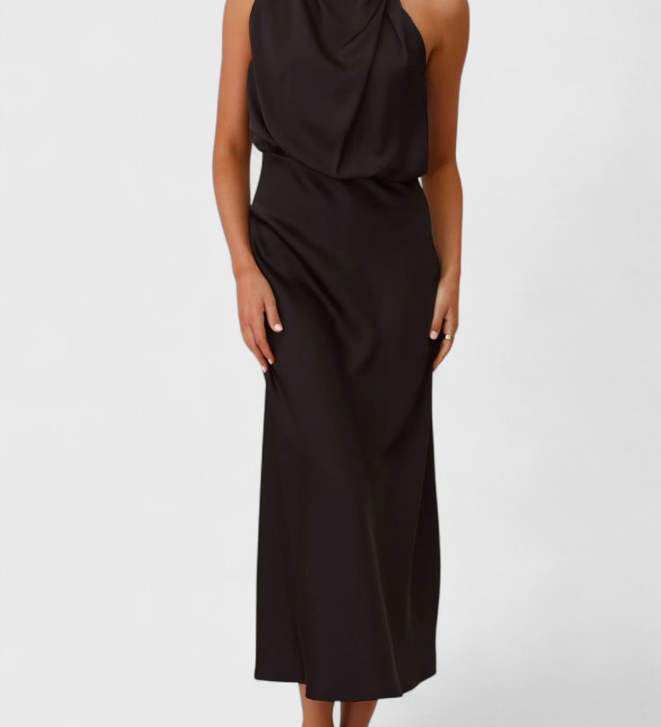 Vestido elegante Rina con cuello halter y detalles drapeados para ocasiones especiales