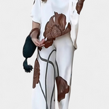 Conjunto Floral de Dos Piezas Sybella con Hombro Descubierto y Pantalón Recto Elegante y Cómodo