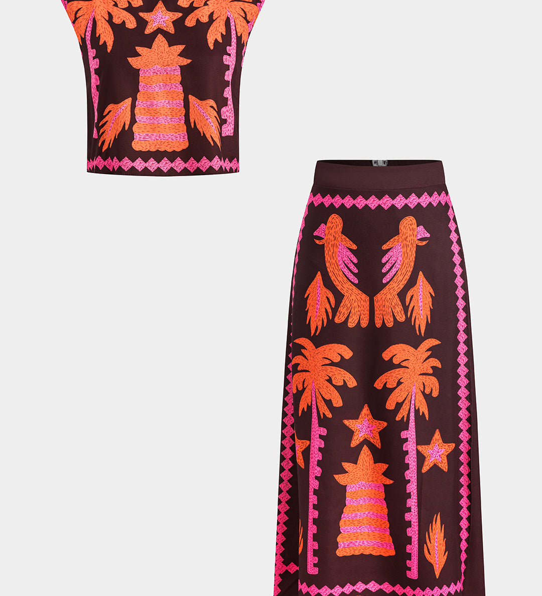 Conjunto de Top y Falda Recortada Sloan con Diseño de Palma de Coco para un Estilo Tropical y Refrescante