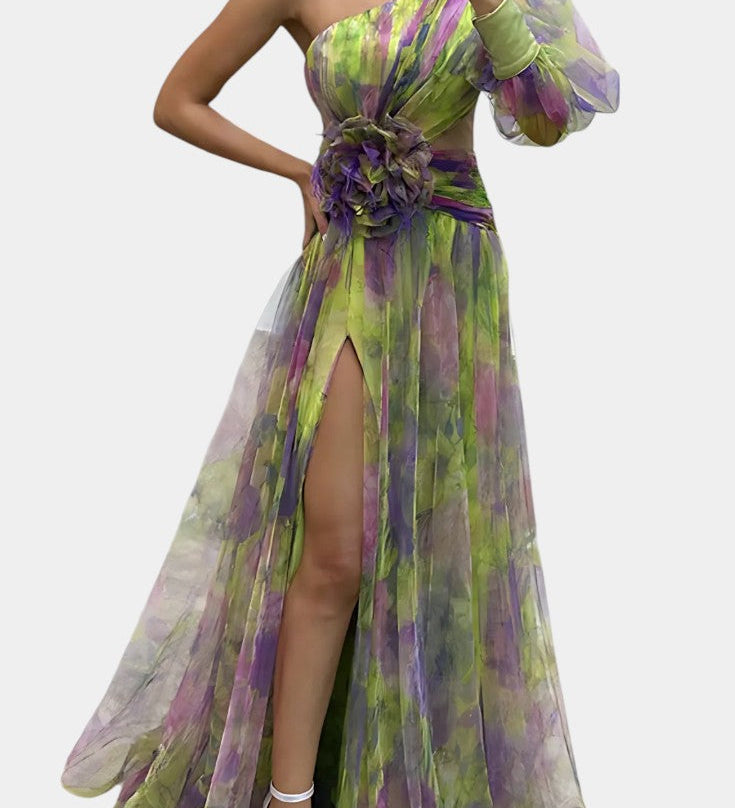 Amelie Vestido Maxi Asimétrico de Un Hombro con Diseño Artístico para un Estilo Elegante