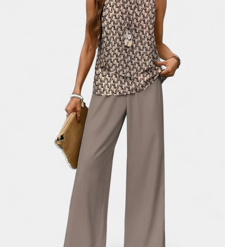 Conjunto Boho Elegante Sin Mangas de Martina con Pantalón Recto Estampado para un estilo sofisticado