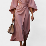 Vestido Midi Micaela con Mangas Lantern y Cintura Ceñida para un Estilo Elegante y Sofisticado