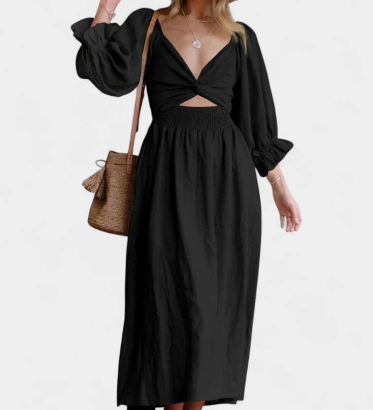 Elegante vestido de dos niveles Petra con cuerpo fruncido y mangas abullonadas para un estilo sofisticado