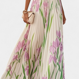 Vestido Largo Plisado Calanthe con Estampado Floral y Elegante Escote Cuadrado