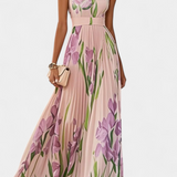 Vestido Largo Plisado Calanthe con Estampado Floral y Elegante Escote Cuadrado
