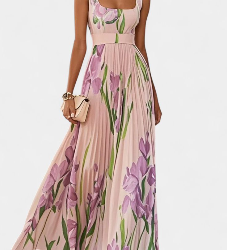 Vestido Largo Plisado Calanthe con Estampado Floral y Elegante Escote Cuadrado