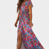 Vestido Largo Cruzado con Estampado Floral y Abertura Lateral de Ximena