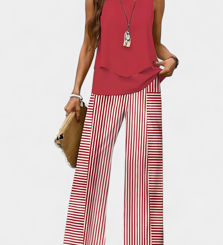 Conjunto Boho Elegante Sin Mangas de Martina con Pantalón Recto Estampado para un estilo sofisticado