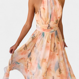 Vestido Alaia con Estampado Aquarelle y Elegante Cuello Halter
