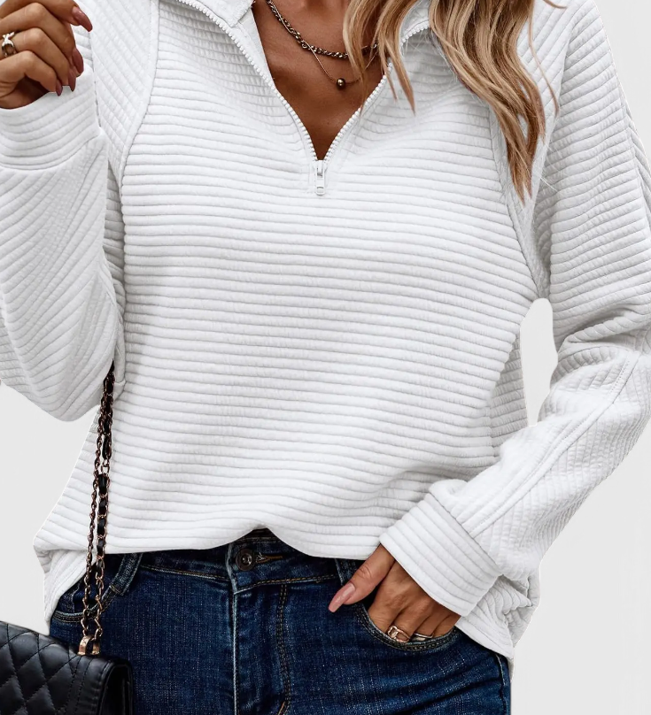 Elegante Jersey Helene de Cuello en V con Cremallera y Manga Larga para un look sofisticado