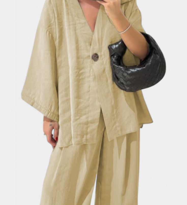 Eli Conjunto Oversize Moderno con Top de Cuello en V y Pantalón Recto para un Estilo Casual y Elegante