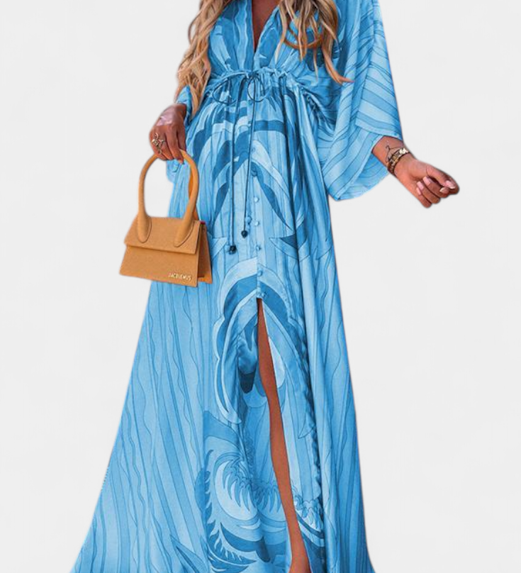 Vestido Maxi Joelle con Diseño Arcoíris, Escote en V y Manga Murciélago, Perfecto para Llevar con Estilo