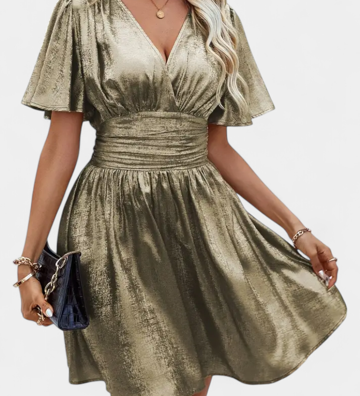 Elegante Vestido de Dama Adalee con Escote en V y Cintura Cruzada para una look sofisticado