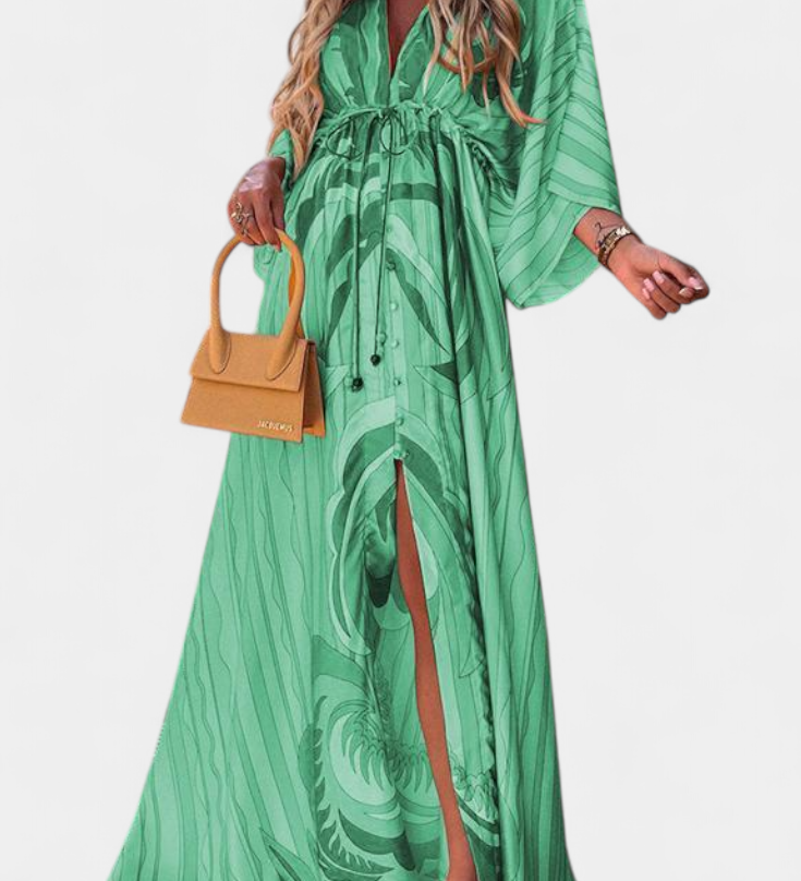 Vestido Maxi Joelle con Diseño Arcoíris, Escote en V y Manga Murciélago, Perfecto para Llevar con Estilo