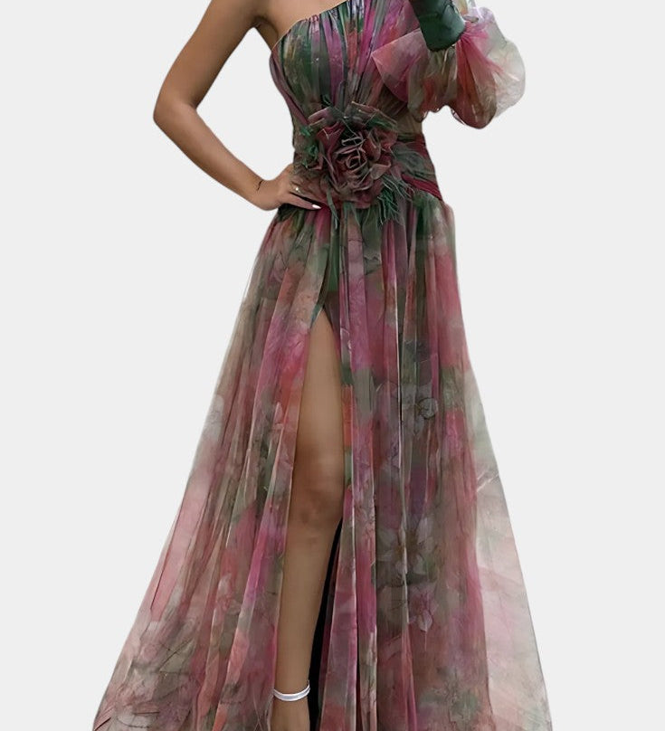 Amelie Vestido Maxi Asimétrico de Un Hombro con Diseño Artístico para un Estilo Elegante