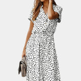 Rovena Vestido Midi de Lunares con Cuello Camisero y Cintura Ajustable - Elegancia y Comodidad para Cualquier Ocasión