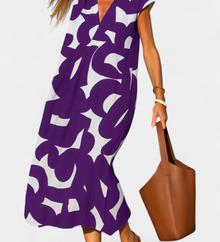 Vestido Casual Asela con Estilo en Escote en V y Estampado Mixi para un Look Moderno