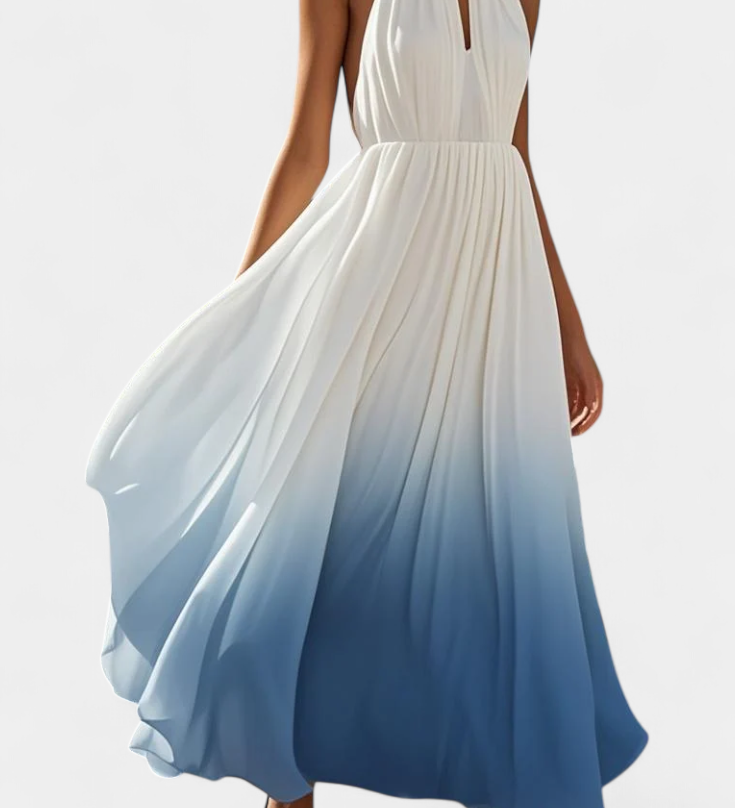 Elegante vestido maxi halter plisado Starla con detalles de perlas perfectos para ocasiones especiales
