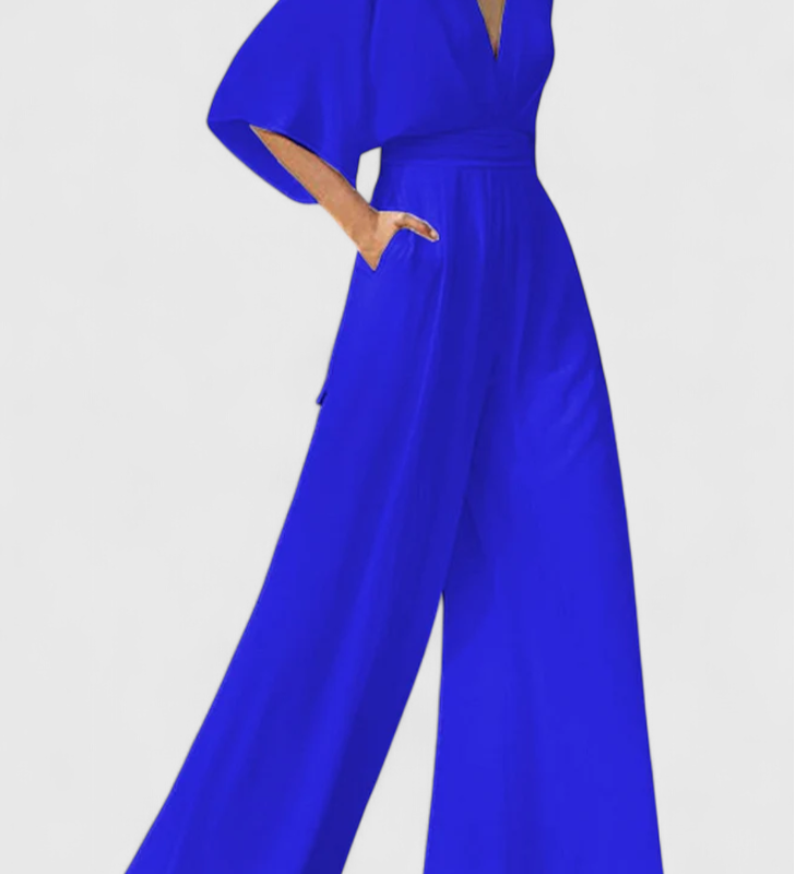 Isaura Mono Largo Elegante con Pierna Ancha y Escote en V - Look Sofisticado y Moderno