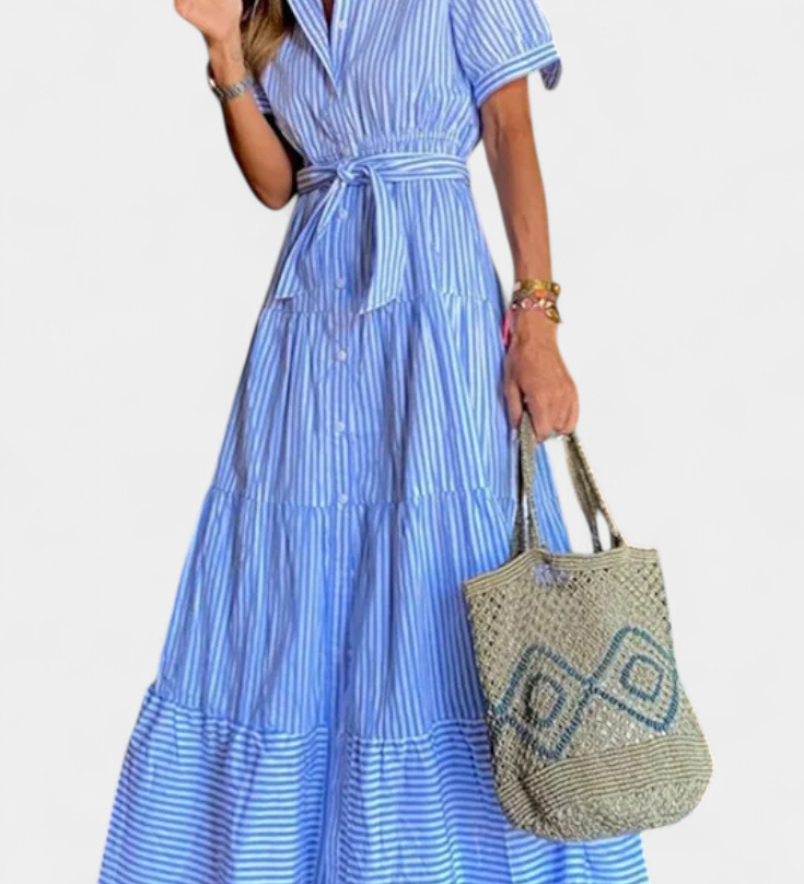 Elegante vestido camisero largo de rayas con cinturón para un look sofisticado