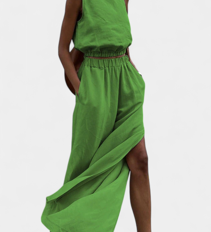 Conjunto de Algodón y Linho Portia con Diseño de Abertura Lateral para Comodidad y Estilo