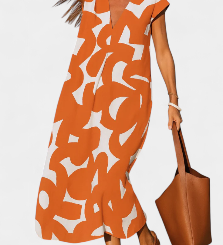 Vestido Casual Asela con Estilo en Escote en V y Estampado Mixi para un Look Moderno