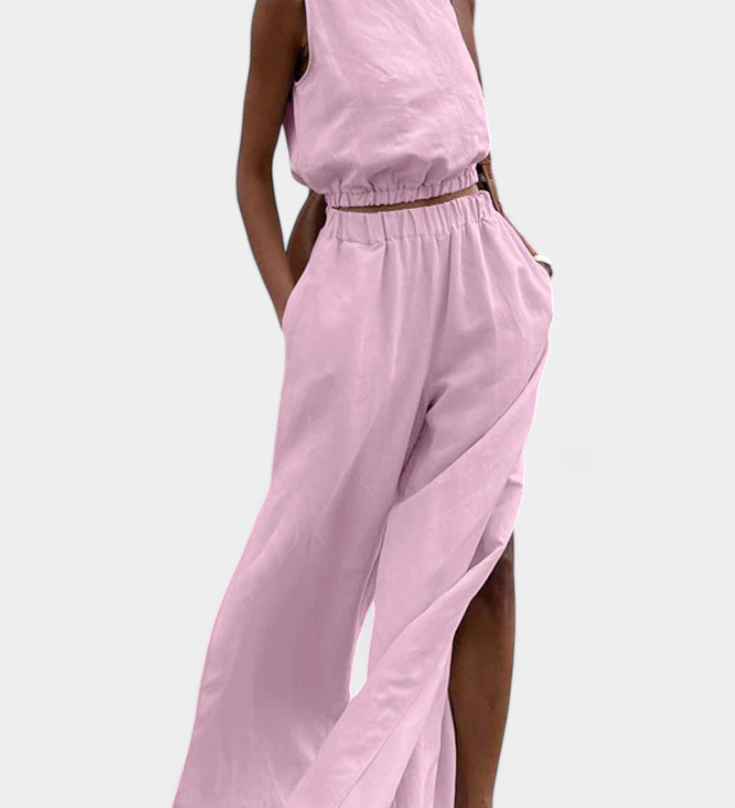 Conjunto de Algodón y Linho Portia con Diseño de Abertura Lateral para Comodidad y Estilo