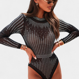 Antonella Body de Malla Transparente con Mangas Largas y Detalles Brillantes
