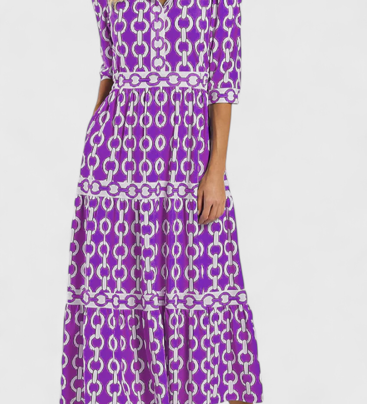Casilda – Elegante Vestido Midi con Estampado de Cadenas para un Estilo Sofisticado