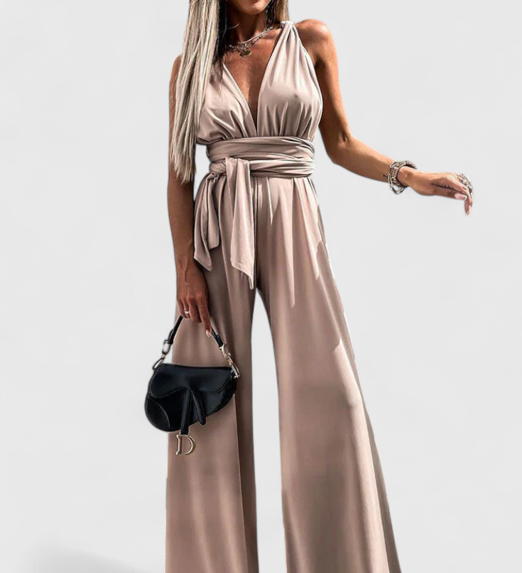 Pantalón Ivana Mono de Pierna Ancha con Diseño de Espalda Cruzada para un Estilo Elegante