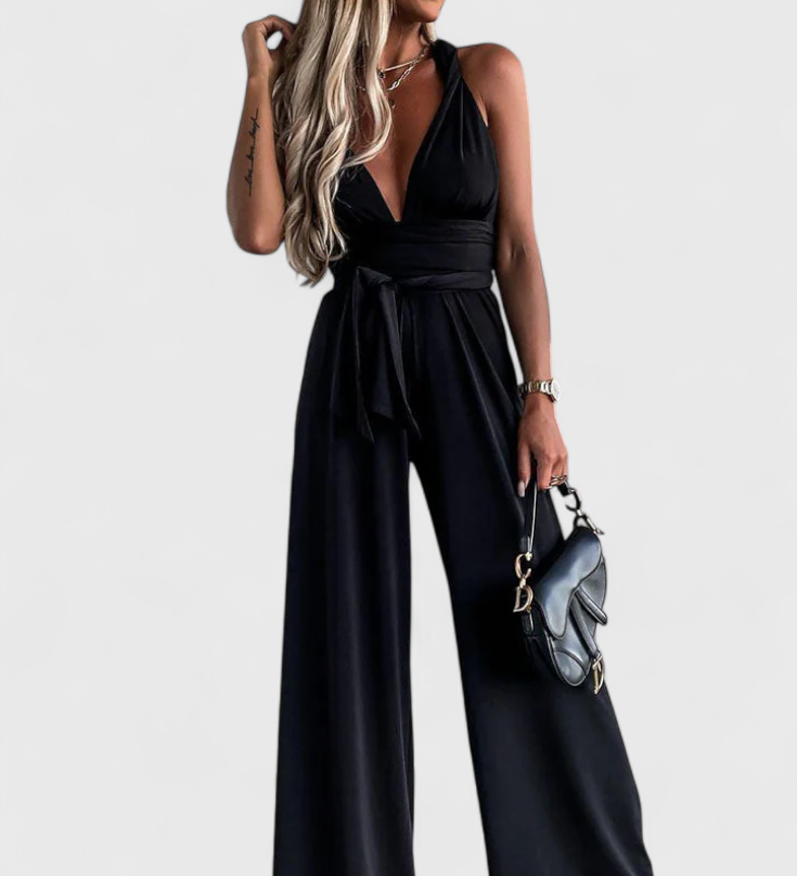 Pantalón Ivana Mono de Pierna Ancha con Diseño de Espalda Cruzada para un Estilo Elegante