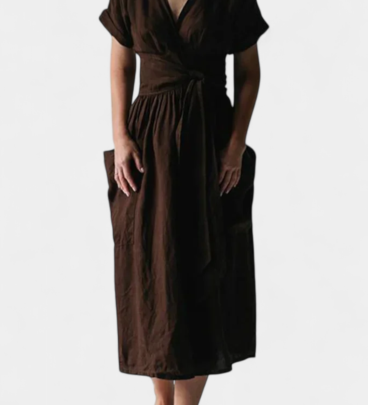 Cressida Elegante Vestido de Algodón con Escote en V y Cintura Ajustable para un Ajuste Perfecto