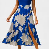 Elegante vestido Raquel con top de punto y falda floral con abertura para un estilo sofisticado