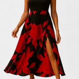 Elegante vestido Raquel con top de punto y falda floral con abertura para un estilo sofisticado