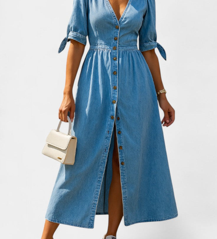 Elegante vestido midi de mezclilla Adelina con botones y amplio escote en V