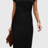 Vestido Midi Clásico Katrina con Cuello Redondo y Elegante Detalle Drapeado