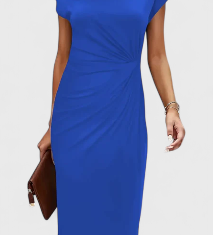Vestido Midi Clásico Katrina con Cuello Redondo y Elegante Detalle Drapeado
