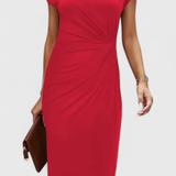 Vestido Midi Clásico Katrina con Cuello Redondo y Elegante Detalle Drapeado