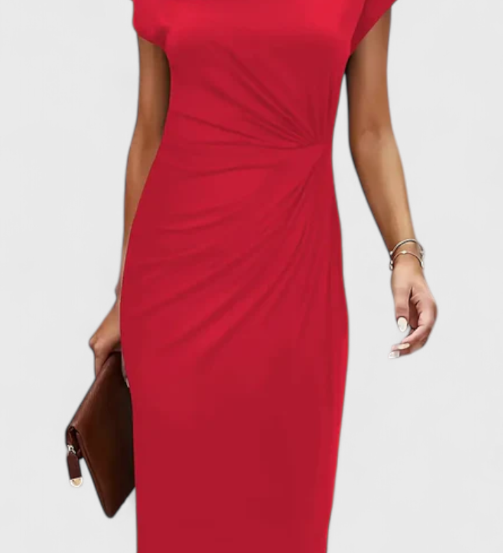 Vestido Midi Clásico Katrina con Cuello Redondo y Elegante Detalle Drapeado