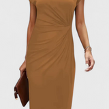 Vestido Midi Clásico Katrina con Cuello Redondo y Elegante Detalle Drapeado