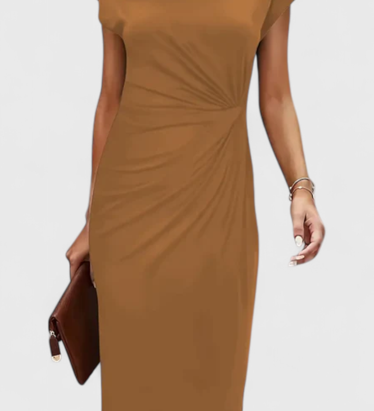 Vestido Midi Clásico Katrina con Cuello Redondo y Elegante Detalle Drapeado