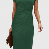 Vestido Midi Clásico Katrina con Cuello Redondo y Elegante Detalle Drapeado