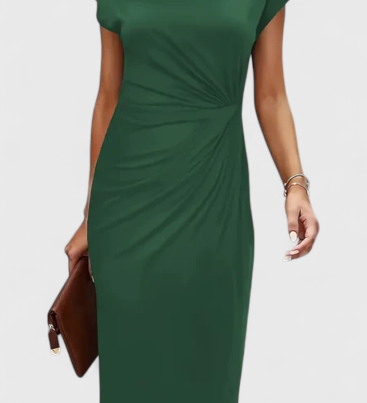 Vestido Midi Clásico Katrina con Cuello Redondo y Elegante Detalle Drapeado