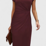 Vestido Midi Clásico Katrina con Cuello Redondo y Elegante Detalle Drapeado